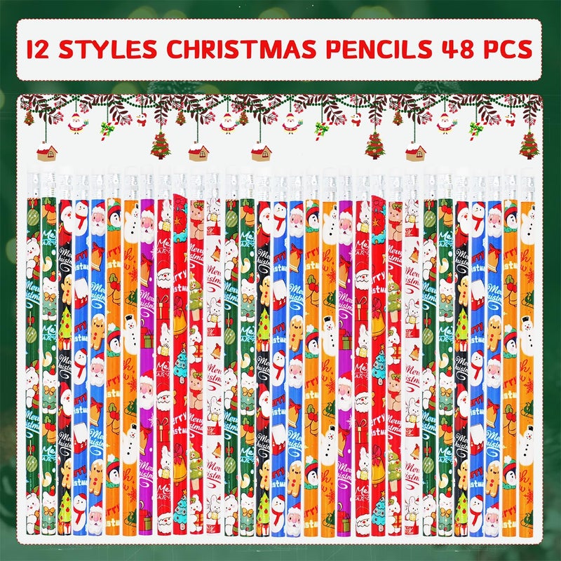 SETRUE 48 Pcs Christmas Pencils with Eraser, Xmas Wood Pencils Bulk for Christmas Party Favors School Classroom Supplies(12 Styles) - Image 3